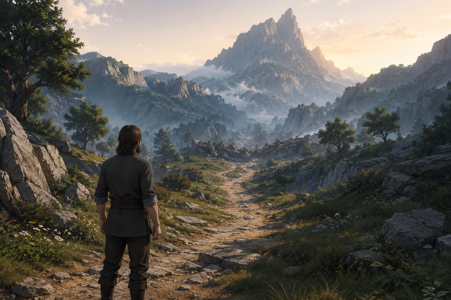 A traveller on a path looking toward a distant mountain